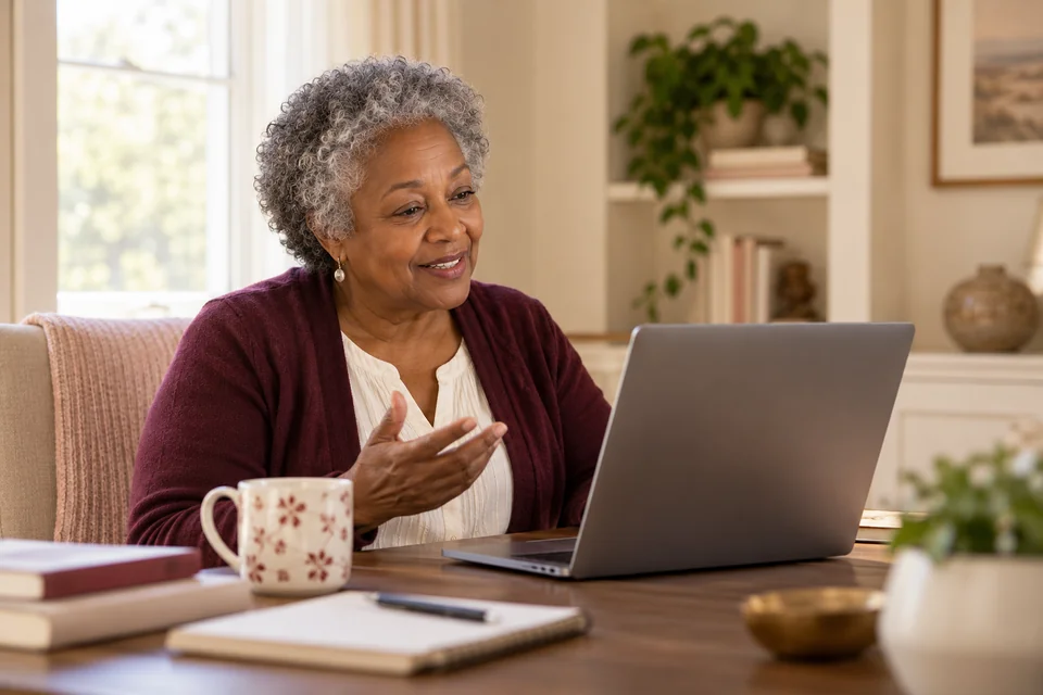 Illustrative adult using teletherapy at home